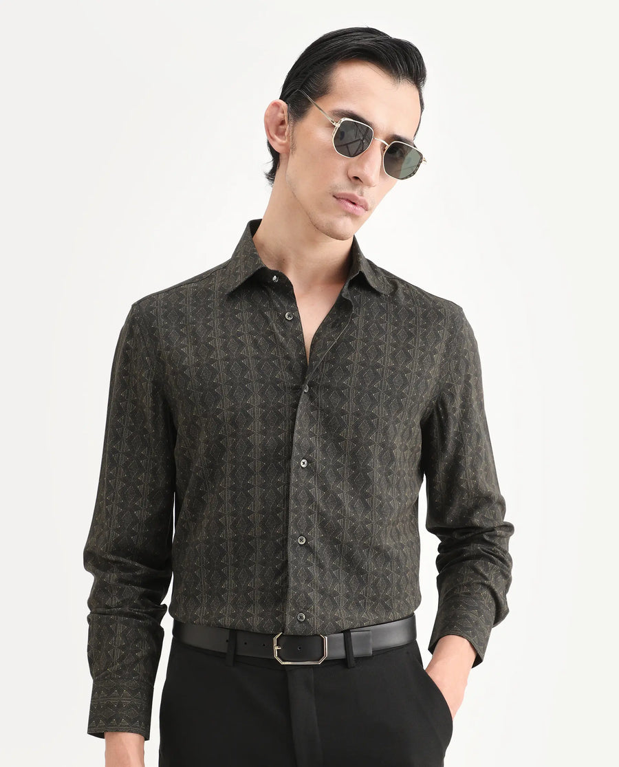 Rare Rabbit Men's Terk-L Black Viscose Fabric Full Sleeve Spread Collar Regular Fit Geometric Print Shirt