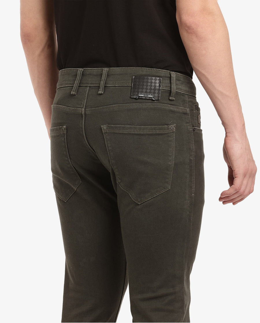 Rare Rabbit Men's Terra Olive Cotton Plain Hawk Slim Fit Jeans