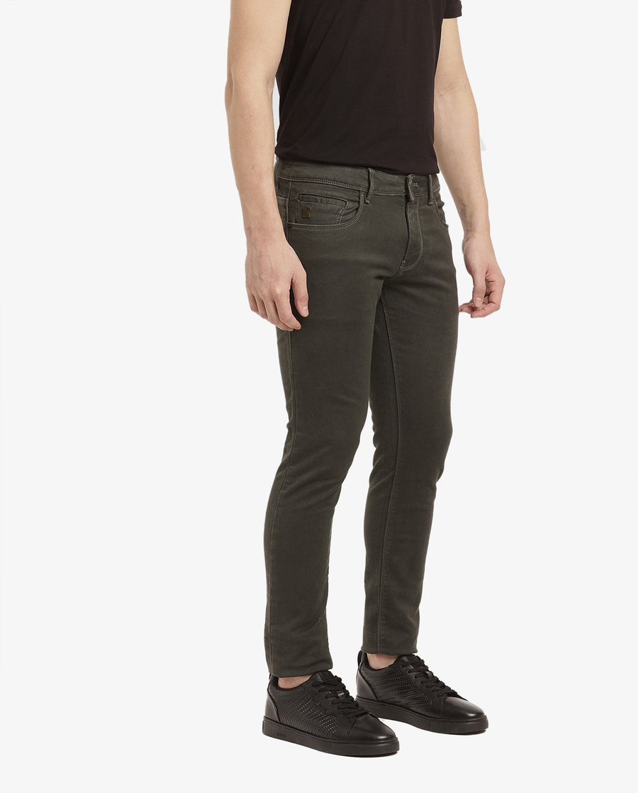 Rare Rabbit Men's Terra Olive Cotton Plain Hawk Slim Fit Jeans