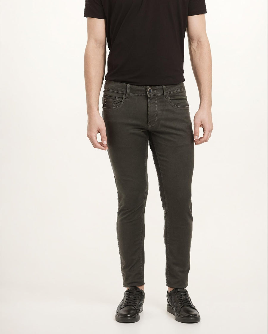 Rare Rabbit Men's Terra Olive Cotton Plain Hawk Slim Fit Jeans