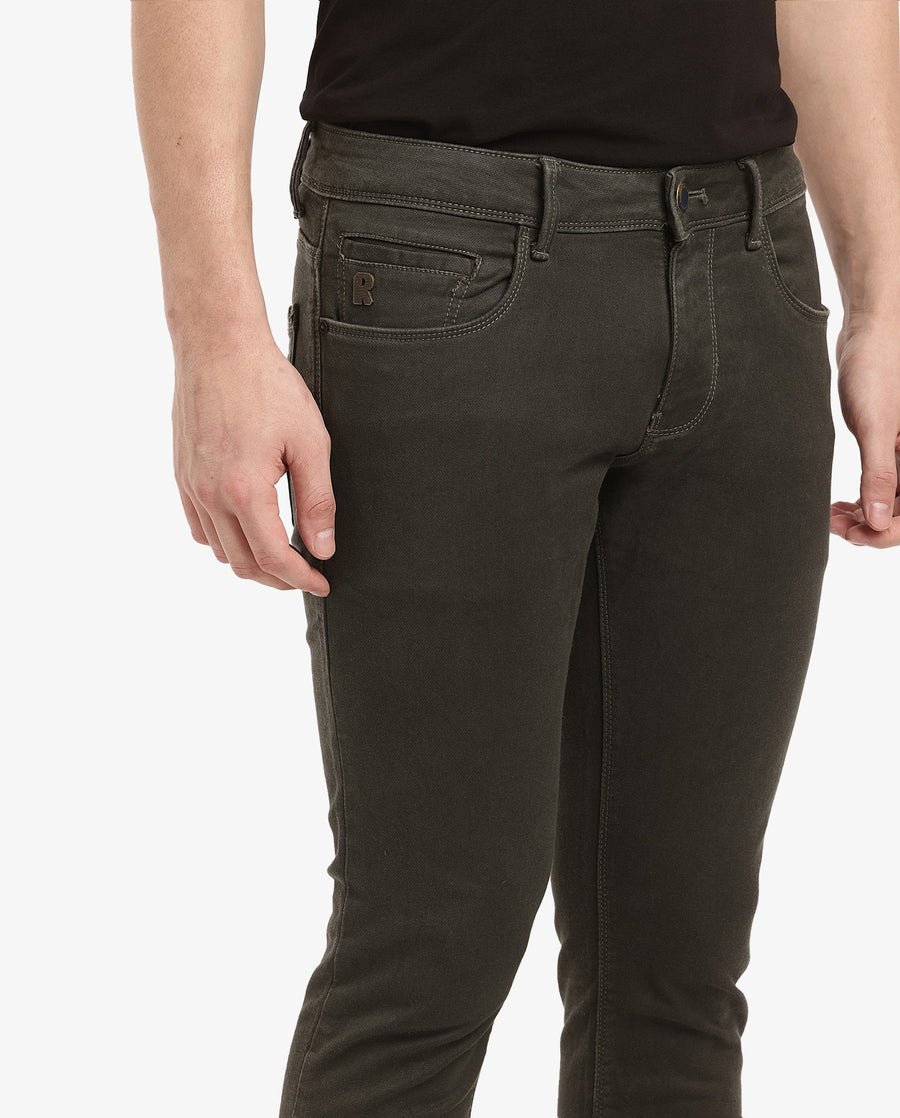 Rare Rabbit Men's Terra Olive Cotton Plain Hawk Slim Fit Jeans