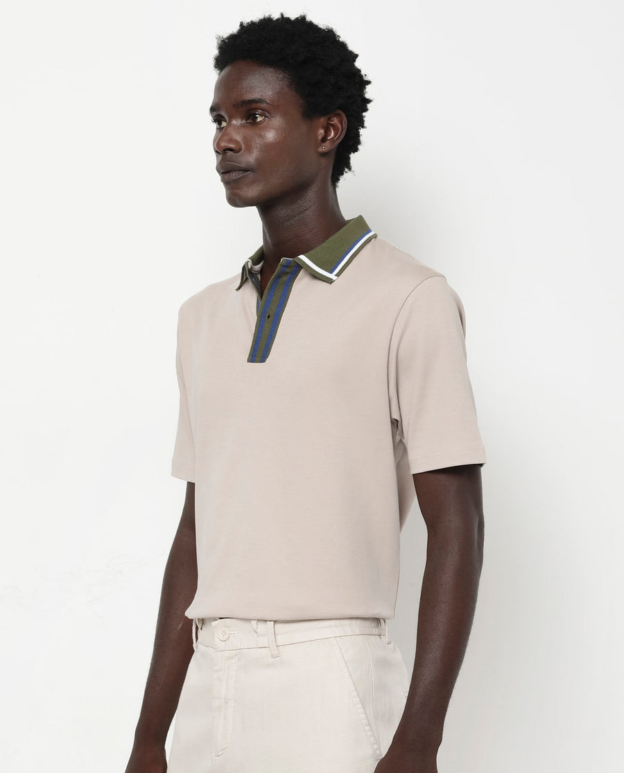 Rare Rabbit Men's Territ Beige Cotton Plain Regular Fit Half Sleeve Polo
