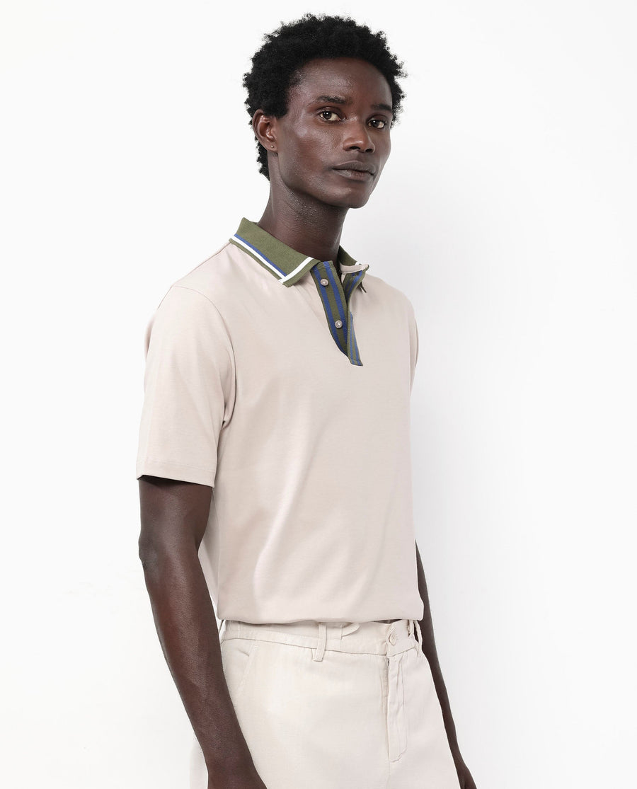 Rare Rabbit Men's Territ Beige Cotton Plain Regular Fit Half Sleeve Polo