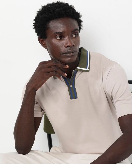 Rare Rabbit Men's Territ Beige Cotton Plain Regular Fit Half Sleeve Polo