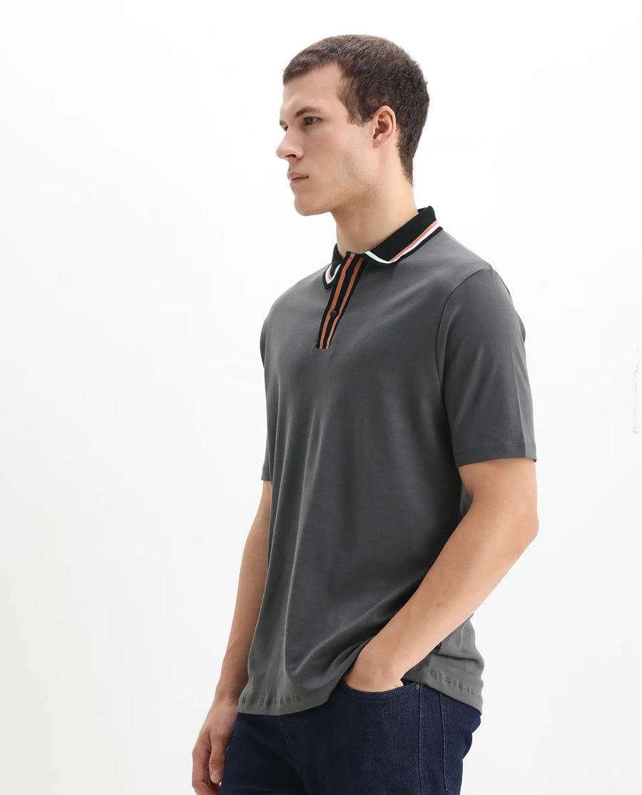 Rare Rabbit Men's Territ Dark Grey Cotton Plain Regular Fit Half Sleeve Polo