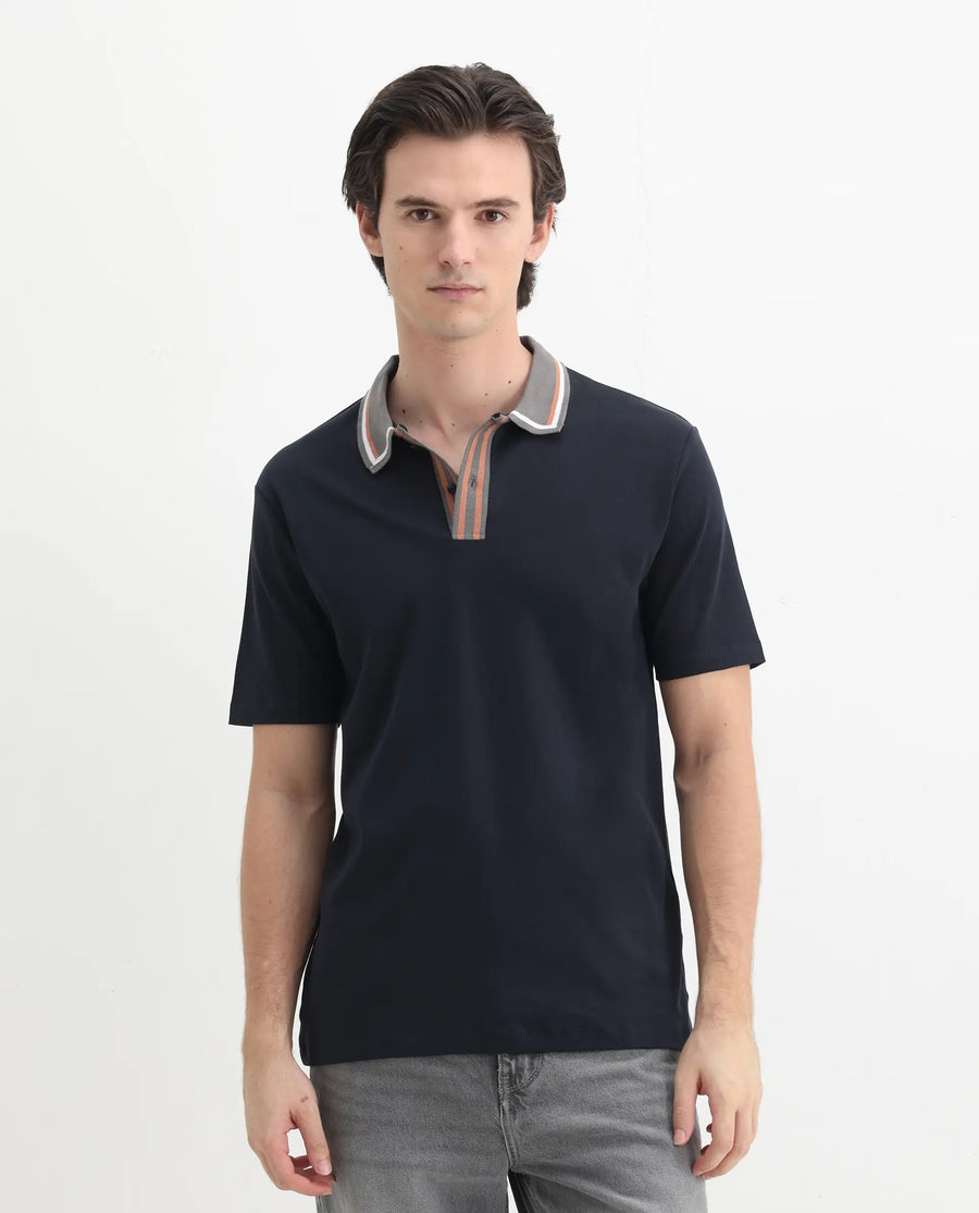Rare Rabbit Men's Territ Dark Navy Cotton Plain Regular Fit Half Sleeve Polo