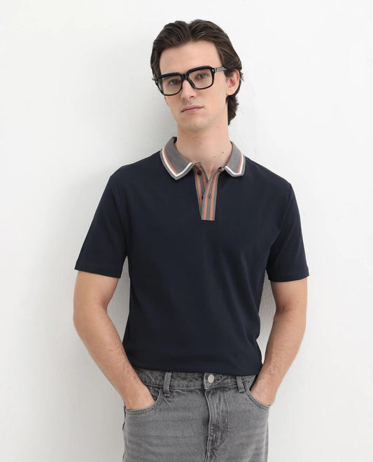 Rare Rabbit Men's Territ Dark Navy Cotton Plain Regular Fit Half Sleeve Polo