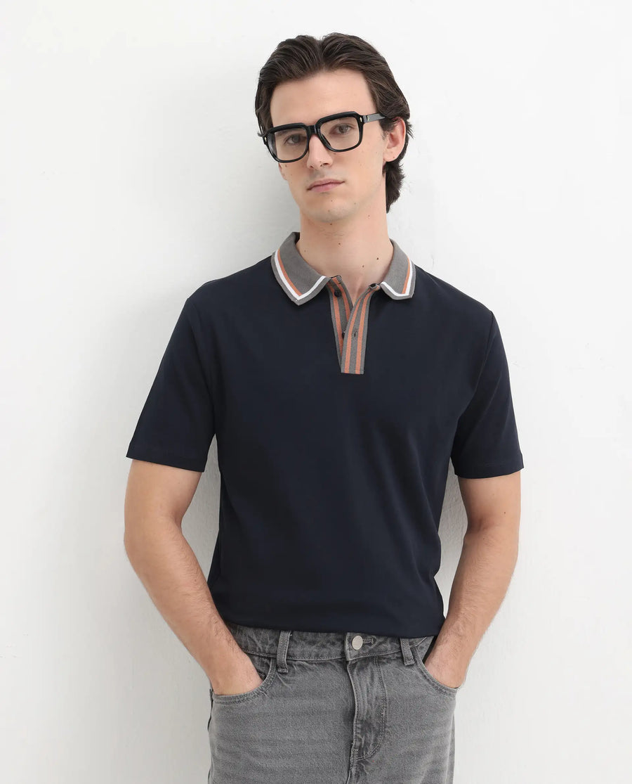 Rare Rabbit Men's Territ Dark Navy Cotton Plain Regular Fit Half Sleeve Polo
