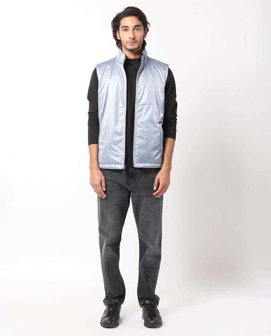 Rare Rabbit Men's Taxco Navy Polyester Plain Regular Fit Sleeveless Mandarin Collar Jacket