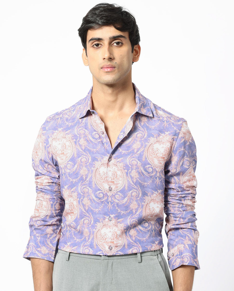 Rare Rabbit Men's Theon Dusky Purple Viscose Floral Print Regular Fit Full Sleeve Collared Shirt