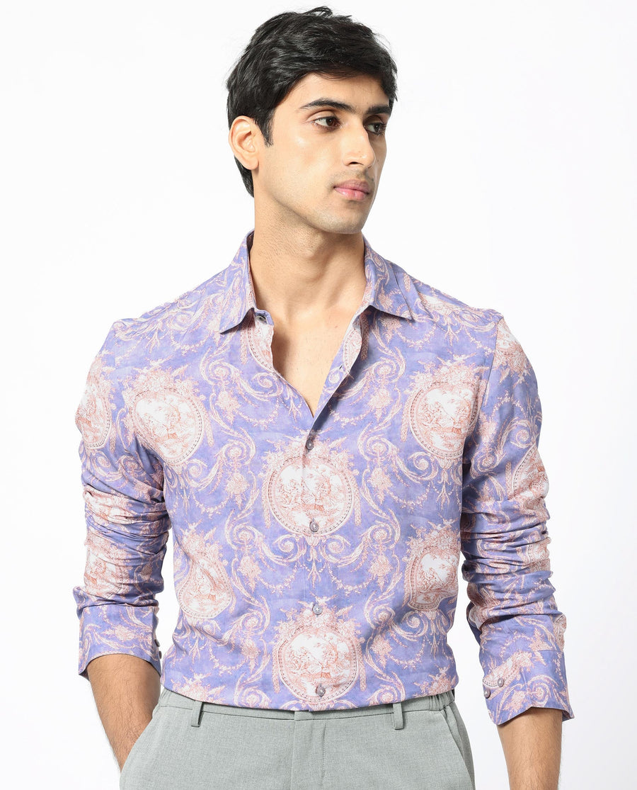 Rare Rabbit Men's Theon Dusky Purple Viscose Floral Print Regular Fit Full Sleeve Collared Shirt