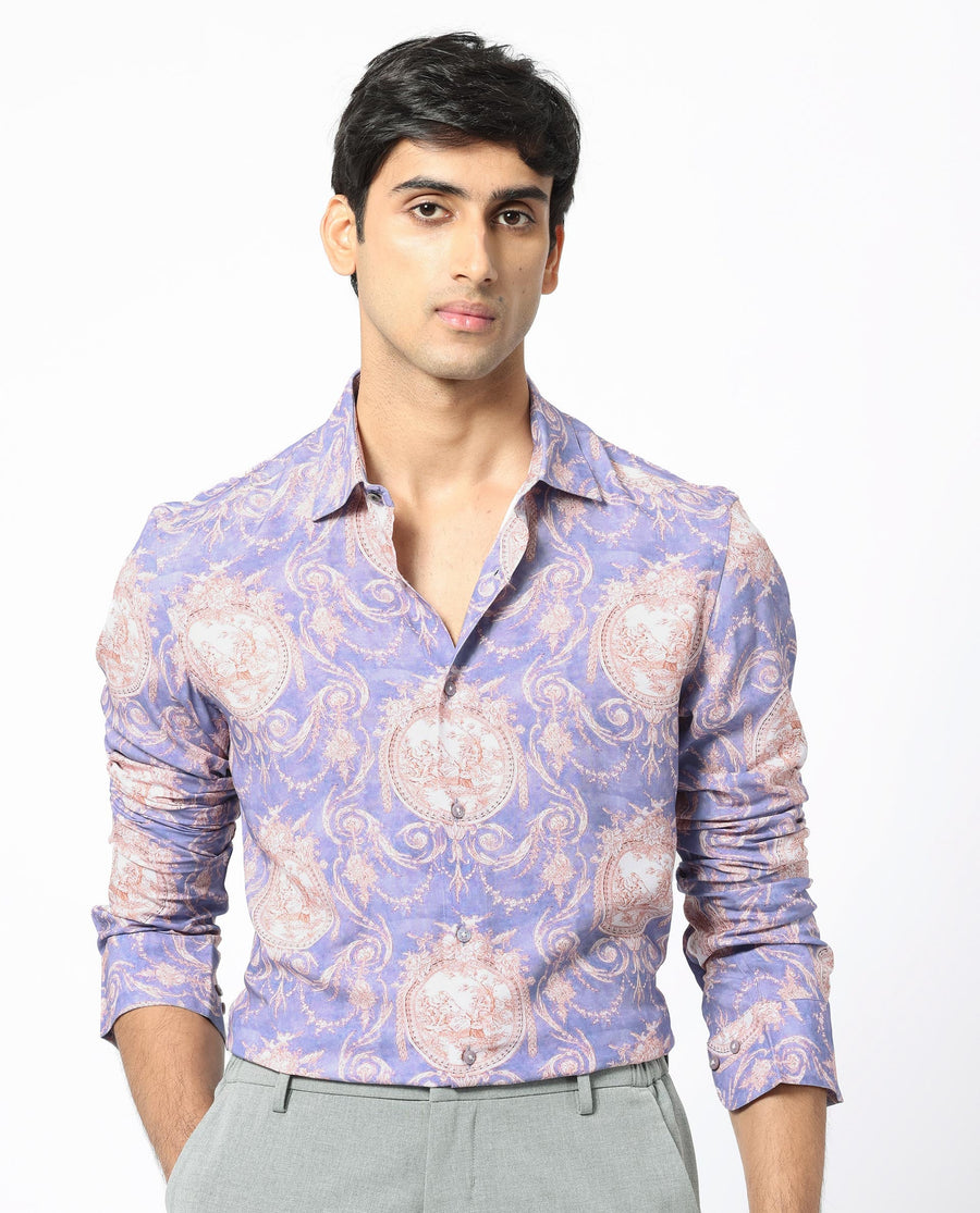 Rare Rabbit Men's Theon Dusky Purple Viscose Floral Print Regular Fit Full Sleeve Collared Shirt
