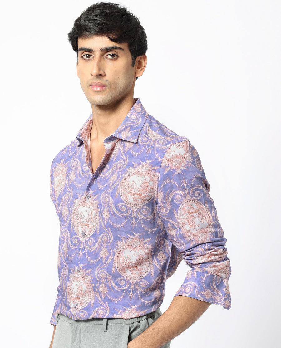 Rare Rabbit Men's Theon Dusky Purple Viscose Floral Print Regular Fit Full Sleeve Collared Shirt
