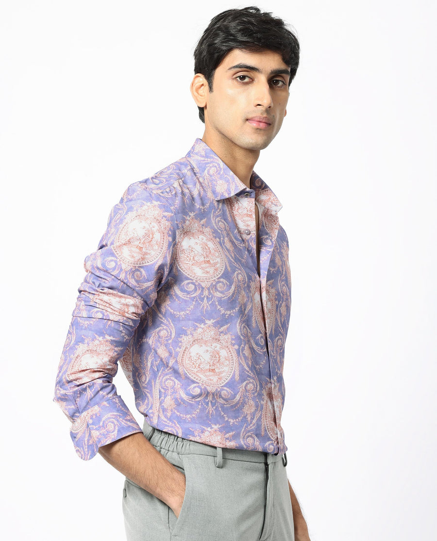 Rare Rabbit Men's Theon Dusky Purple Viscose Floral Print Regular Fit Full Sleeve Collared Shirt