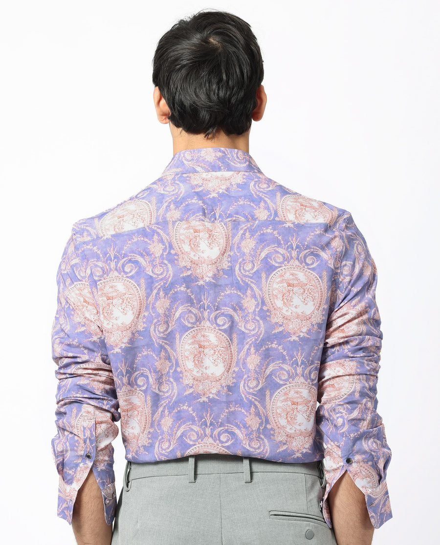 Rare Rabbit Men's Theon Dusky Purple Viscose Floral Print Regular Fit Full Sleeve Collared Shirt