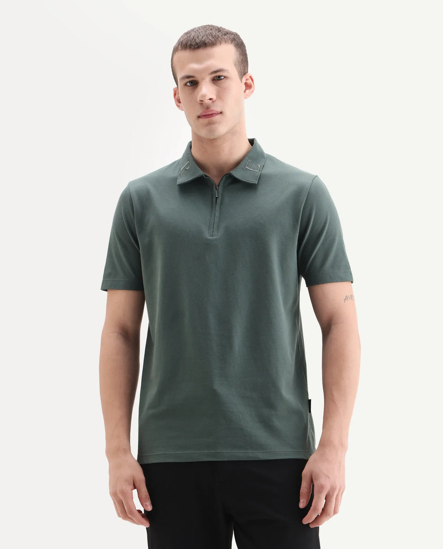 Rare Rabbit Men's Thero-25 Dusky Green Cotton Blend Plain Regular Fit Half Sleeve Polo