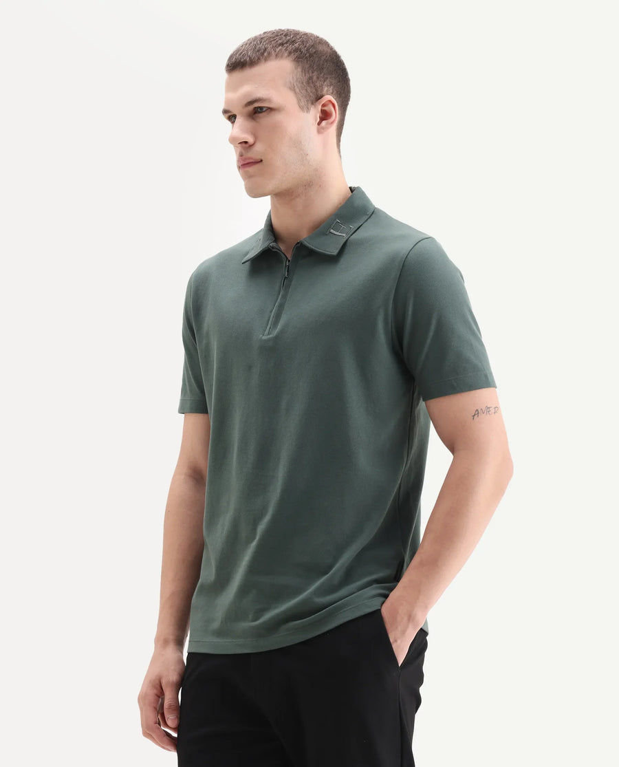 Rare Rabbit Men's Thero-25 Dusky Green Cotton Blend Plain Regular Fit Half Sleeve Polo