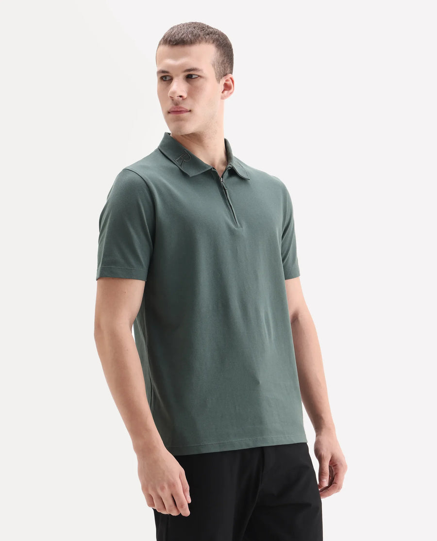 Rare Rabbit Men's Thero-25 Dusky Green Cotton Blend Plain Regular Fit Half Sleeve Polo