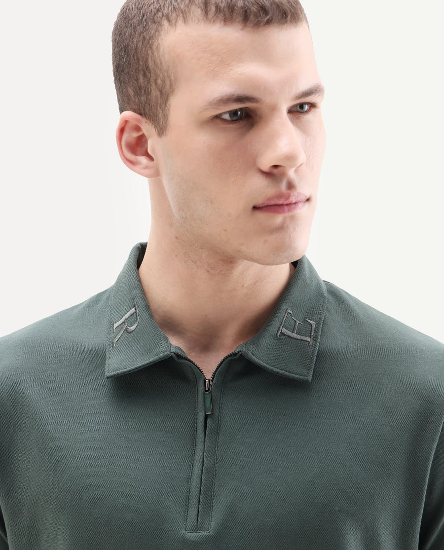 Rare Rabbit Men's Thero-25 Dusky Green Cotton Blend Plain Regular Fit Half Sleeve Polo