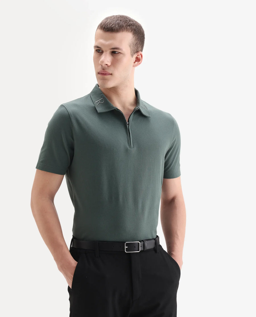 Rare Rabbit Men's Thero-25 Dusky Green Cotton Blend Plain Regular Fit Half Sleeve Polo
