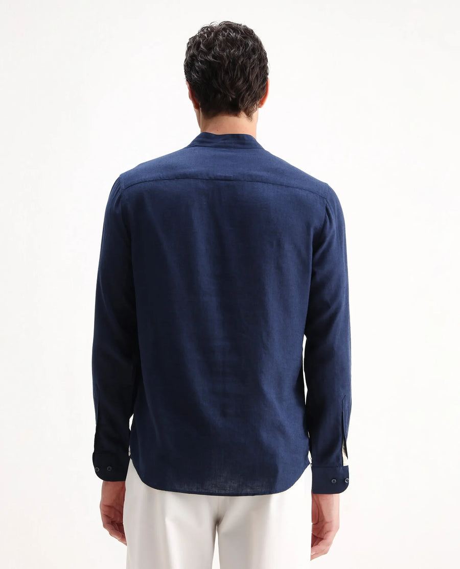 Rare Rabbit Men's Throne 25 Navy Lyocell Plain Regular Fit Full Sleeve Mandarin Collar Shirt