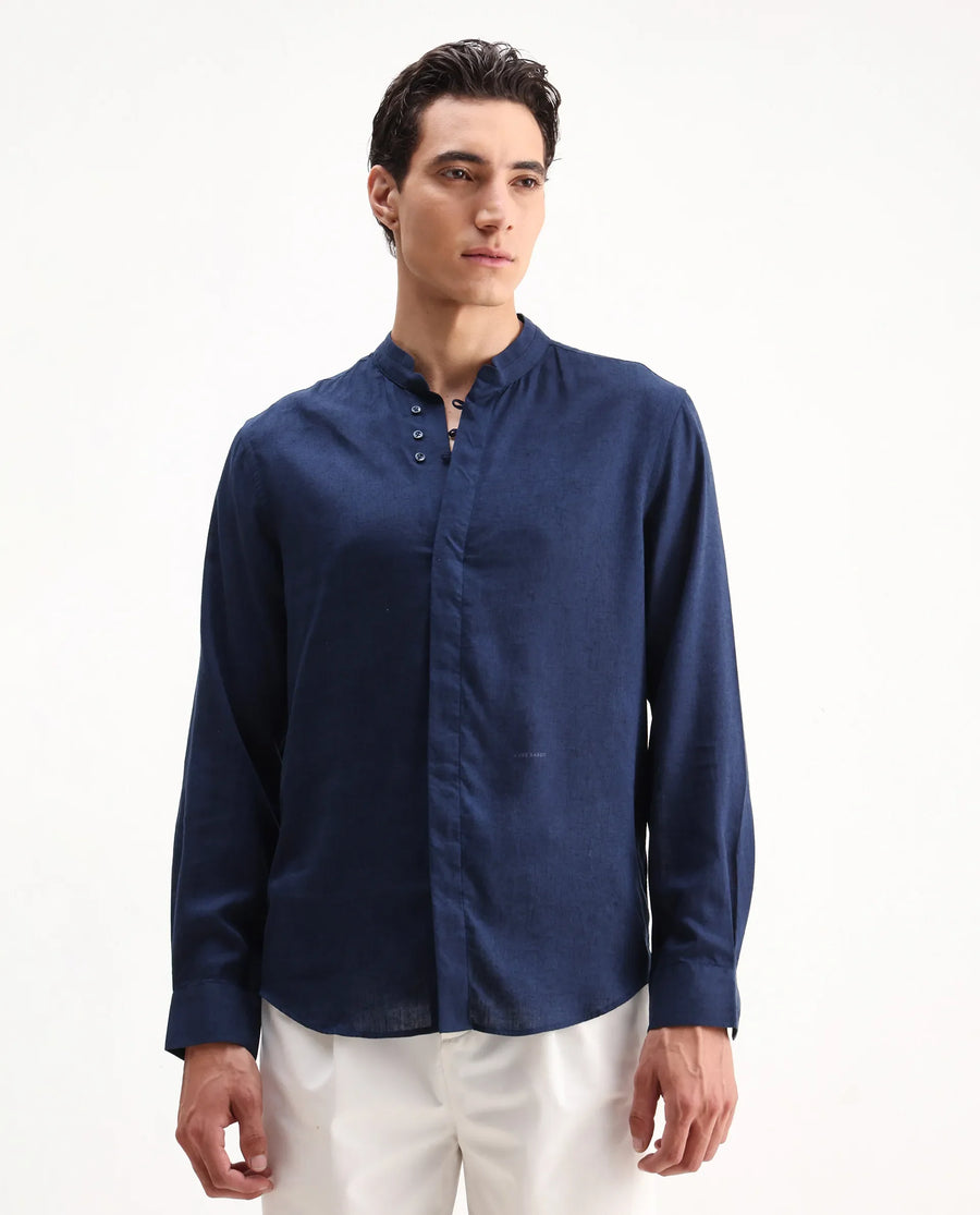 Rare Rabbit Men's Throne 25 Navy Lyocell Plain Regular Fit Full Sleeve Mandarin Collar Shirt