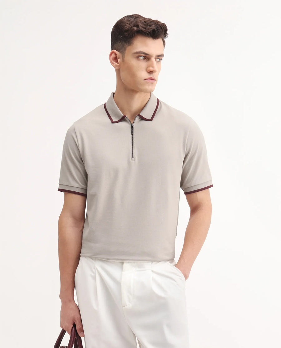 Rare Rabbit Men's Trog Light Beige Cotton Blend Plain Regular Fit Half Sleeve Polo