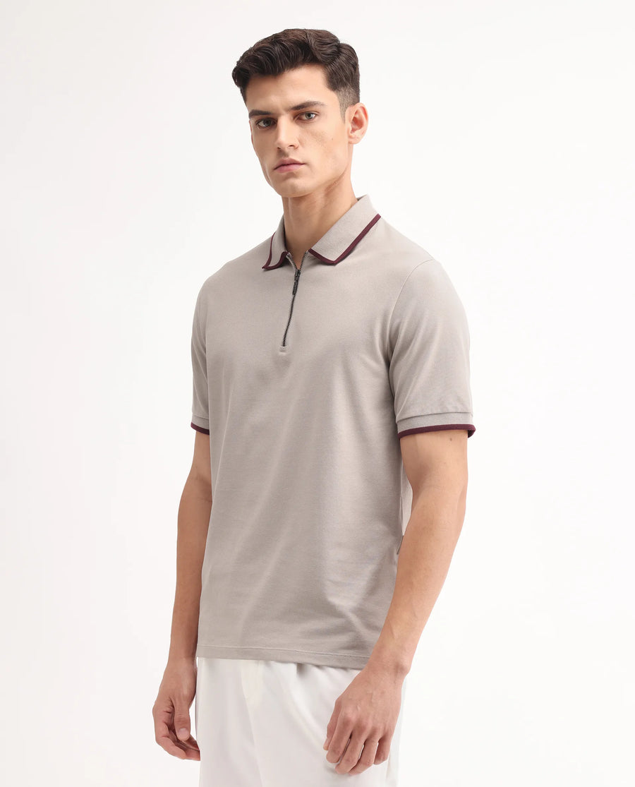Rare Rabbit Men's Trog Light Beige Cotton Blend Plain Regular Fit Half Sleeve Polo