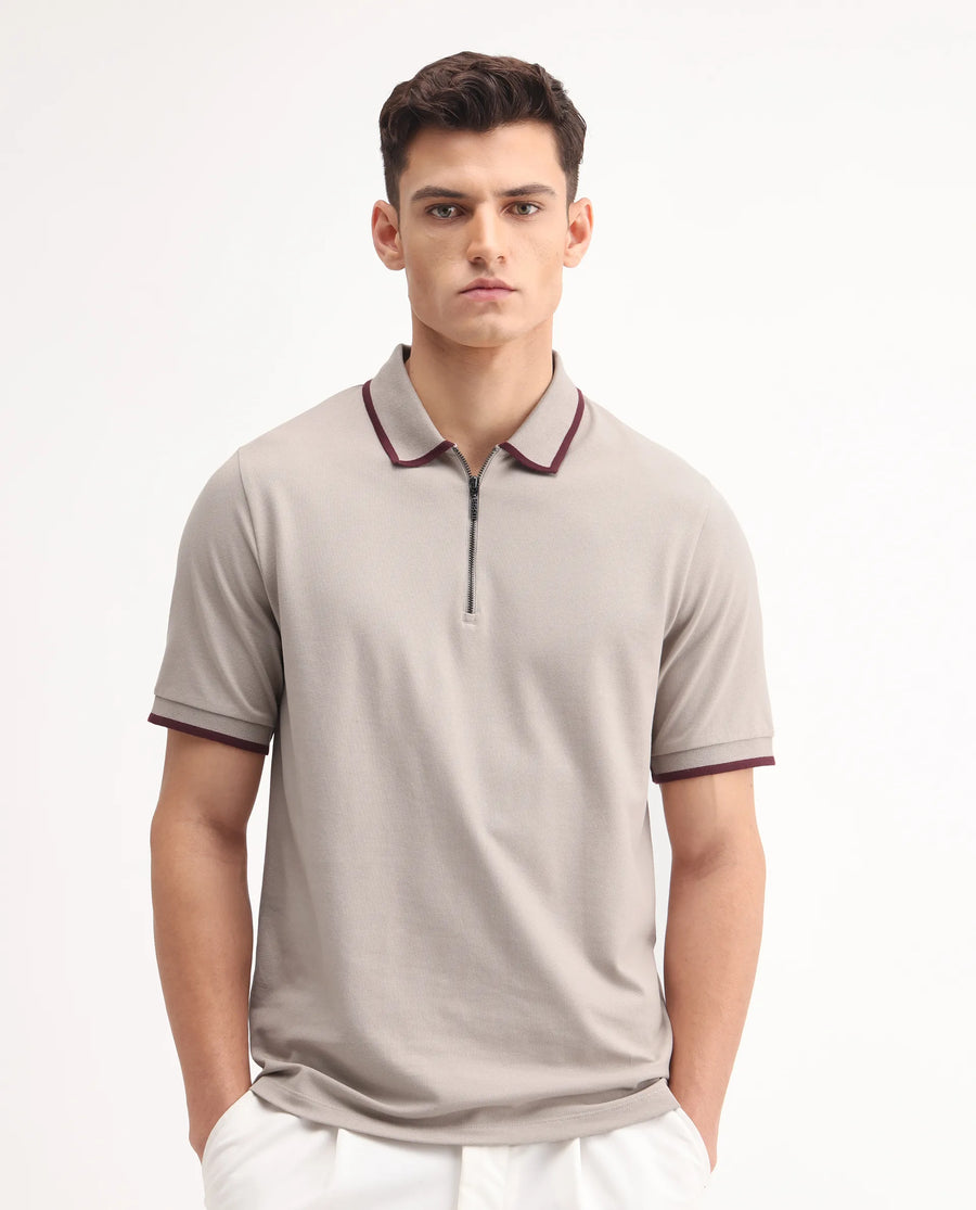 Rare Rabbit Men's Trog Light Beige Cotton Blend Plain Regular Fit Half Sleeve Polo