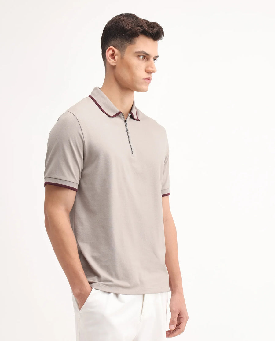 Rare Rabbit Men's Trog Light Beige Cotton Blend Plain Regular Fit Half Sleeve Polo