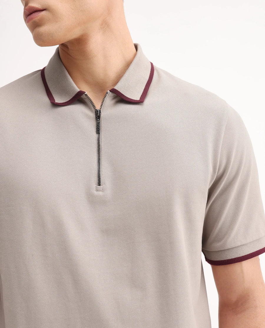 Rare Rabbit Men's Trog Light Beige Cotton Blend Plain Regular Fit Half Sleeve Polo