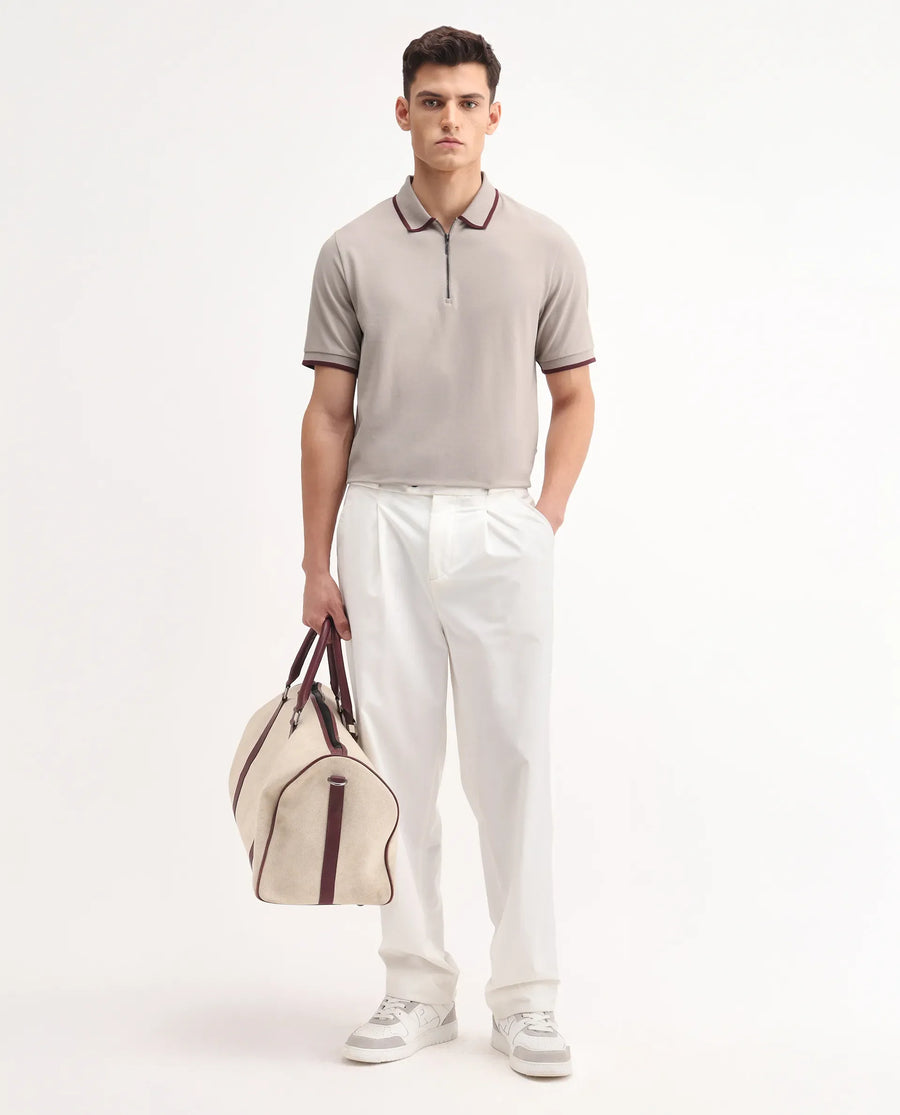 Rare Rabbit Men's Trog Light Beige Cotton Blend Plain Regular Fit Half Sleeve Polo