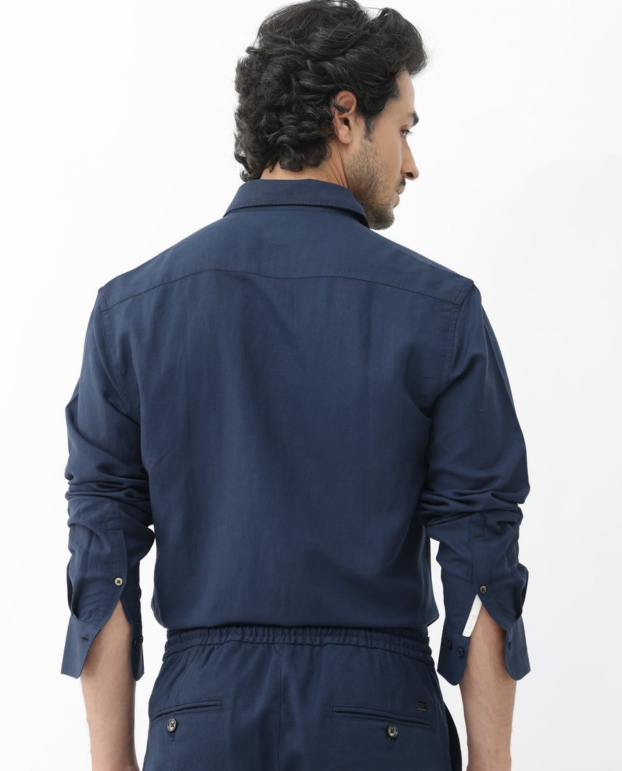 Rare Rabbit Men's Throna Navy Linen Blend Plain Regular Fit Full Sleeve Collared Shirt