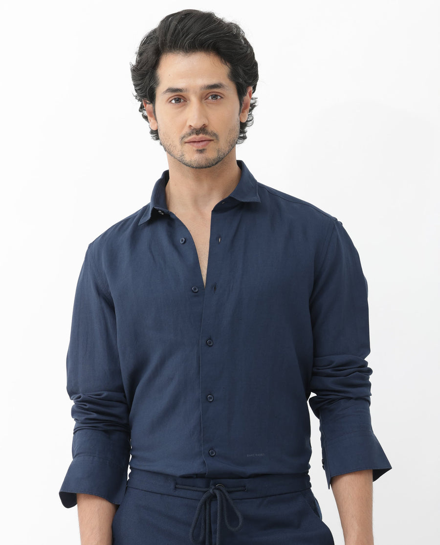 Rare Rabbit Men's Throna Navy Linen Blend Plain Regular Fit Full Sleeve Collared Shirt