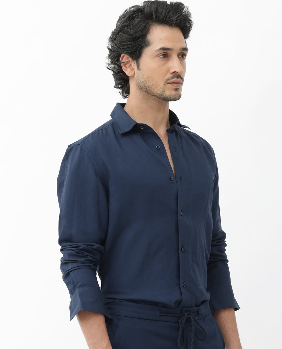 Rare Rabbit Men's Throna Navy Linen Blend Plain Regular Fit Full Sleeve Collared Shirt