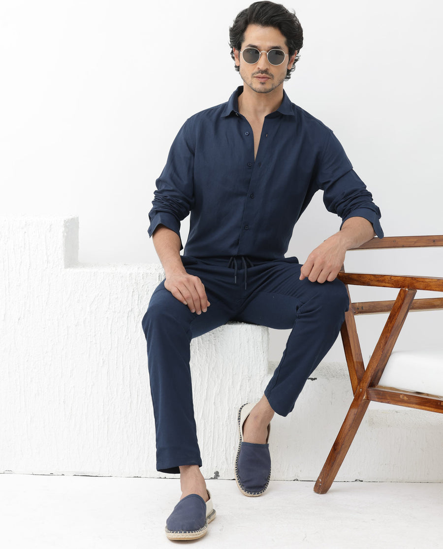 Rare Rabbit Men's Throna Navy Linen Blend Plain Regular Fit Full Sleeve Collared Shirt
