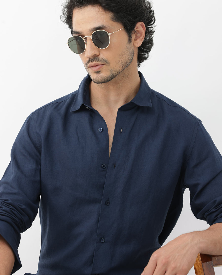 Rare Rabbit Men's Throna Navy Linen Blend Plain Regular Fit Full Sleeve Collared Shirt