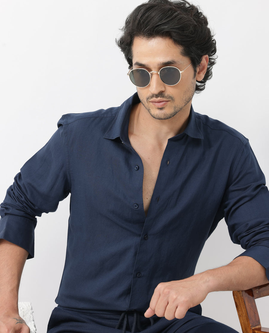 Rare Rabbit Men's Throna Navy Linen Blend Plain Regular Fit Full Sleeve Collared Shirt