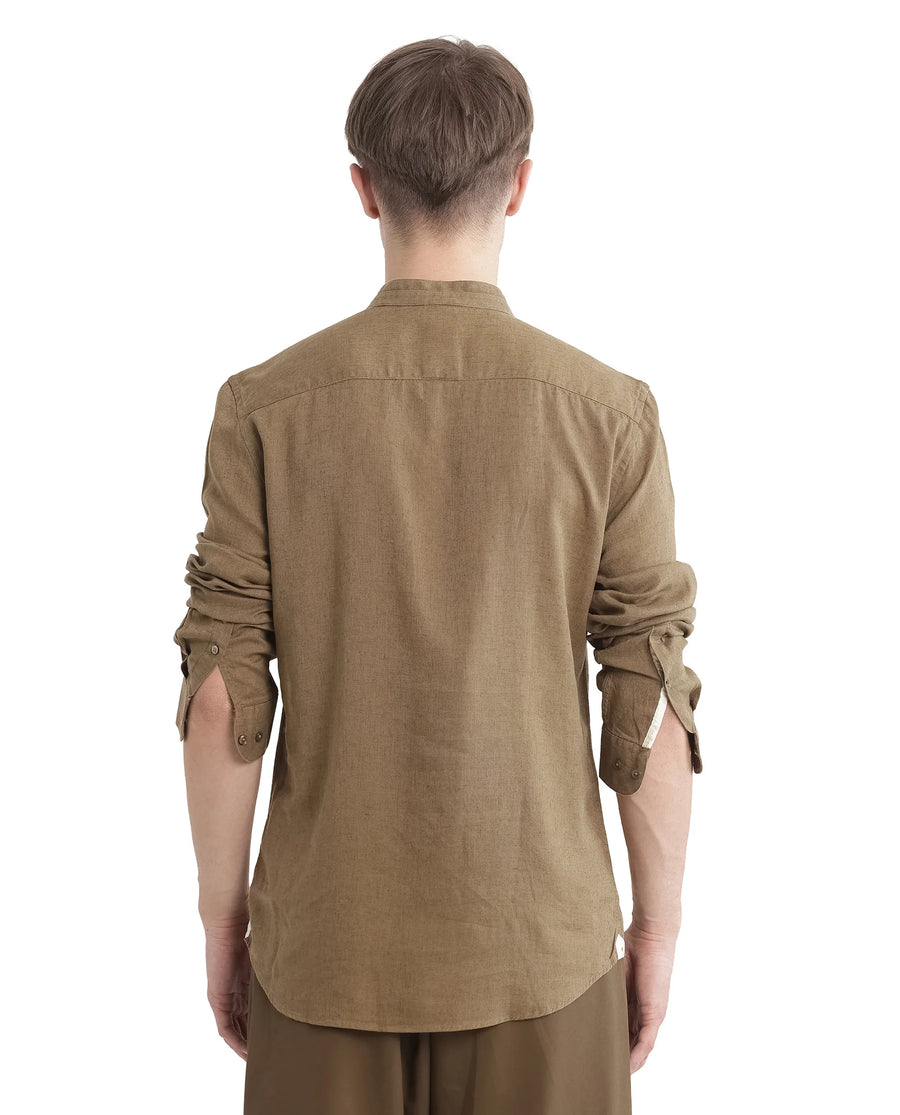 Rare Rabbit Men's Throne Ls-25 Olive Linen Blend Plain Regular Fit Full Sleeve Mandarin Collar Shirt