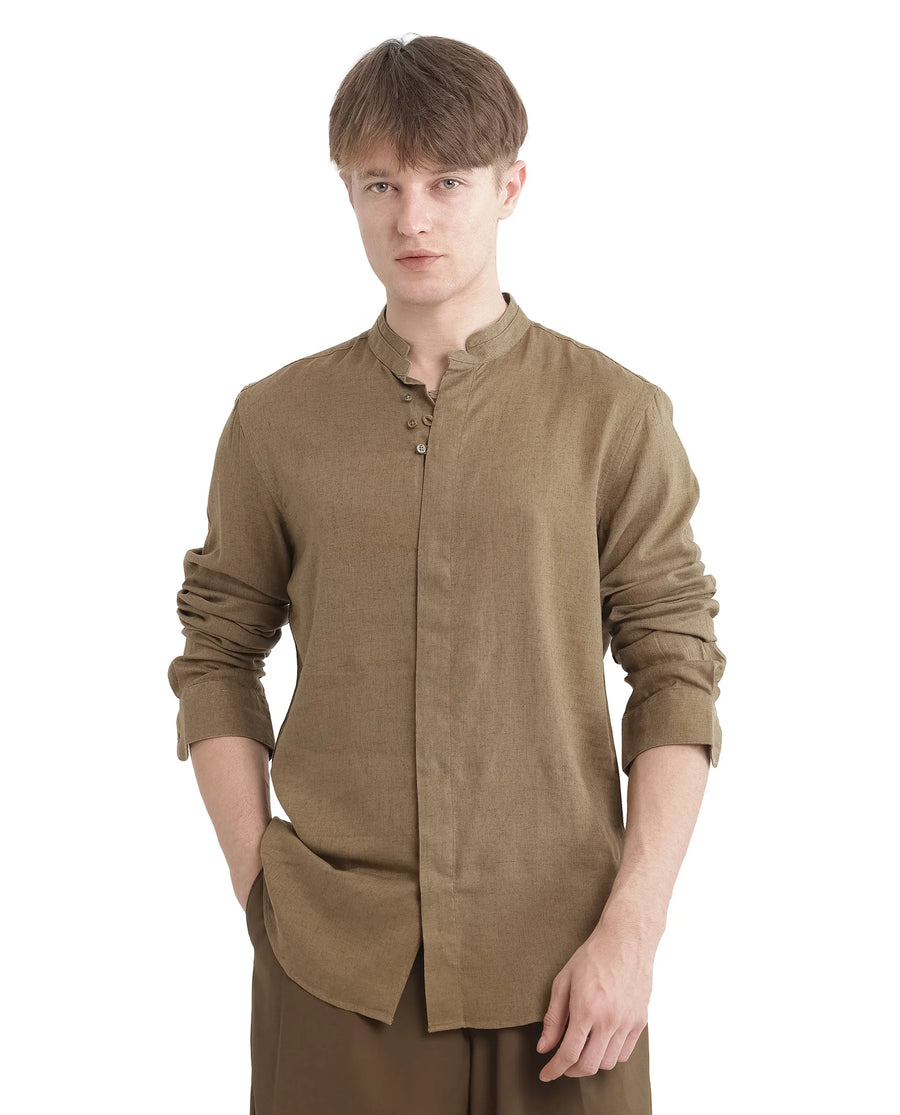 Rare Rabbit Men's Throne Ls-25 Olive Linen Blend Plain Regular Fit Full Sleeve Mandarin Collar Shirt