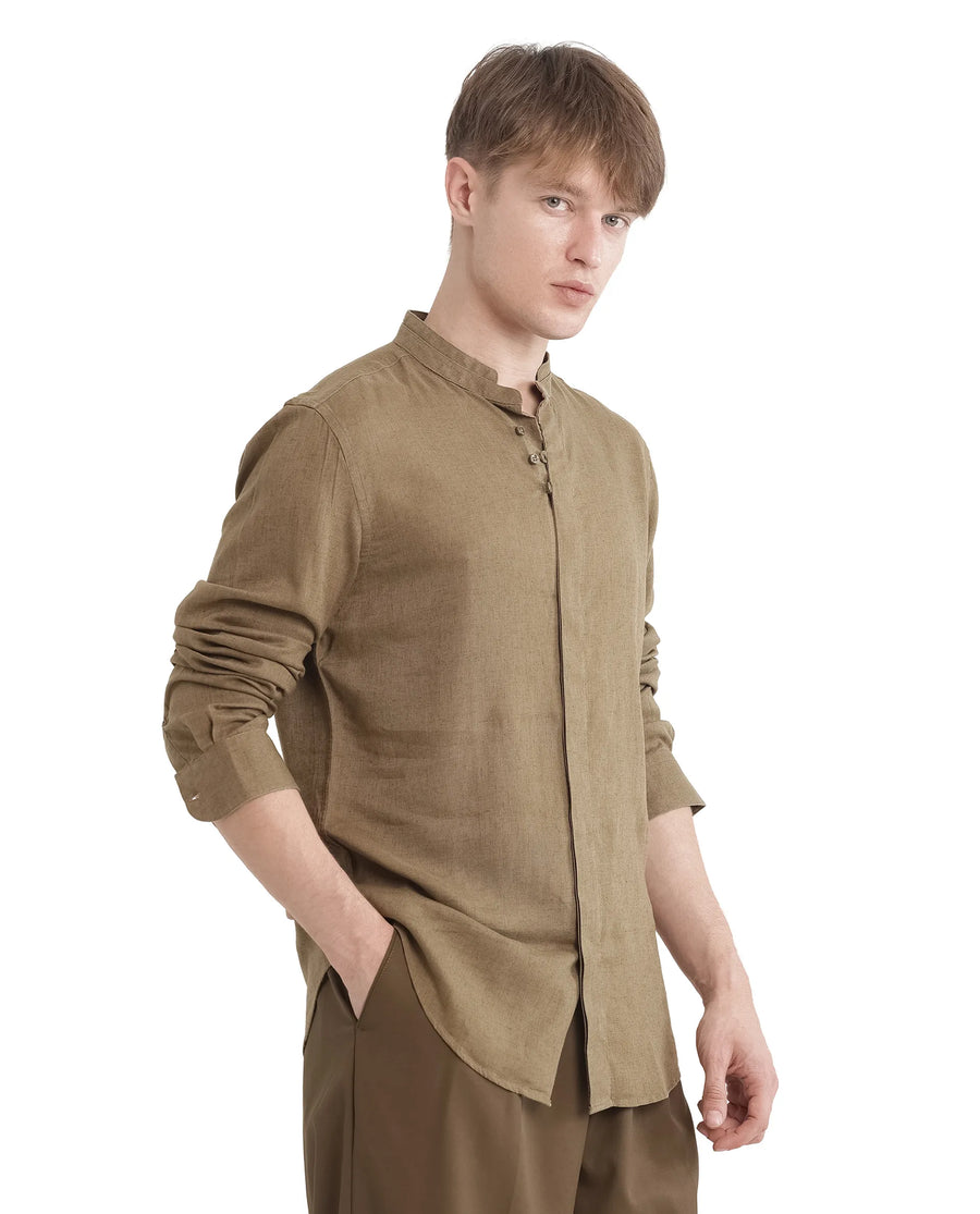 Rare Rabbit Men's Throne Ls-25 Olive Linen Blend Plain Regular Fit Full Sleeve Mandarin Collar Shirt