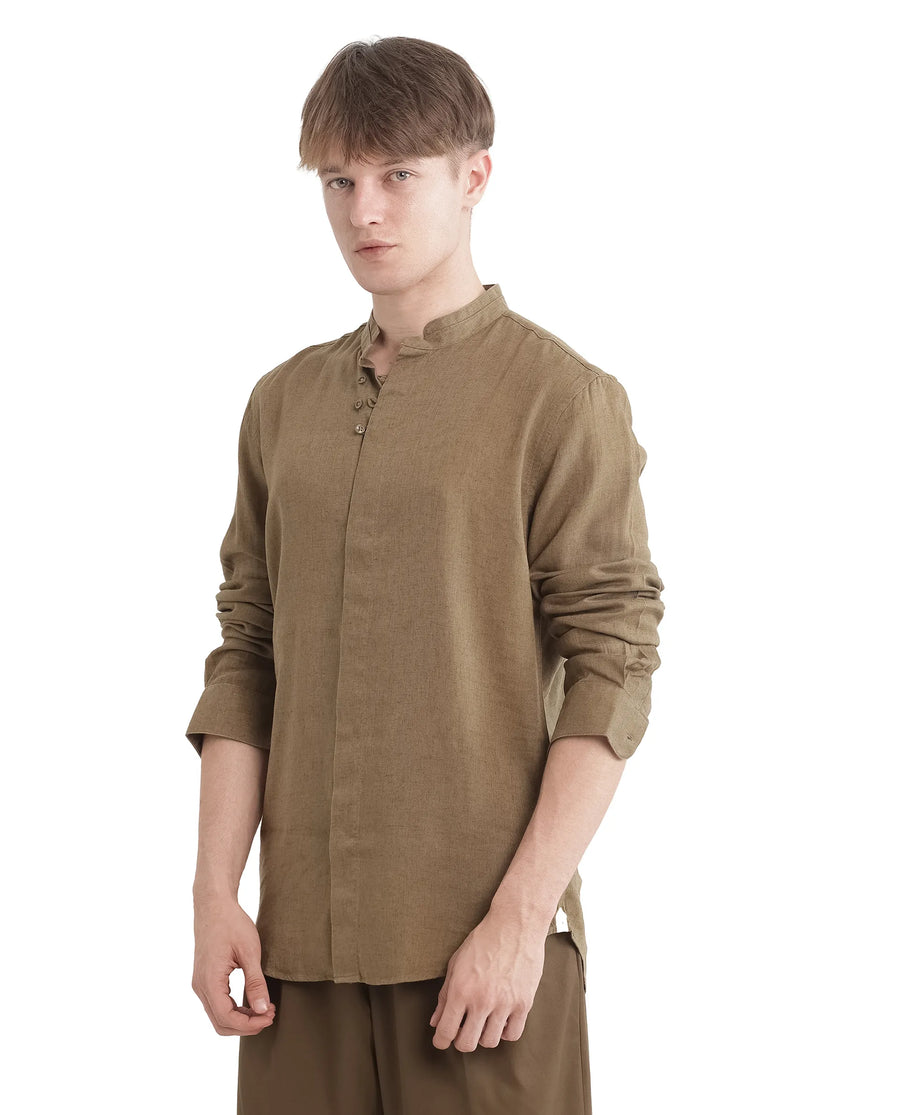 Rare Rabbit Men's Throne Ls-25 Olive Linen Blend Plain Regular Fit Full Sleeve Mandarin Collar Shirt