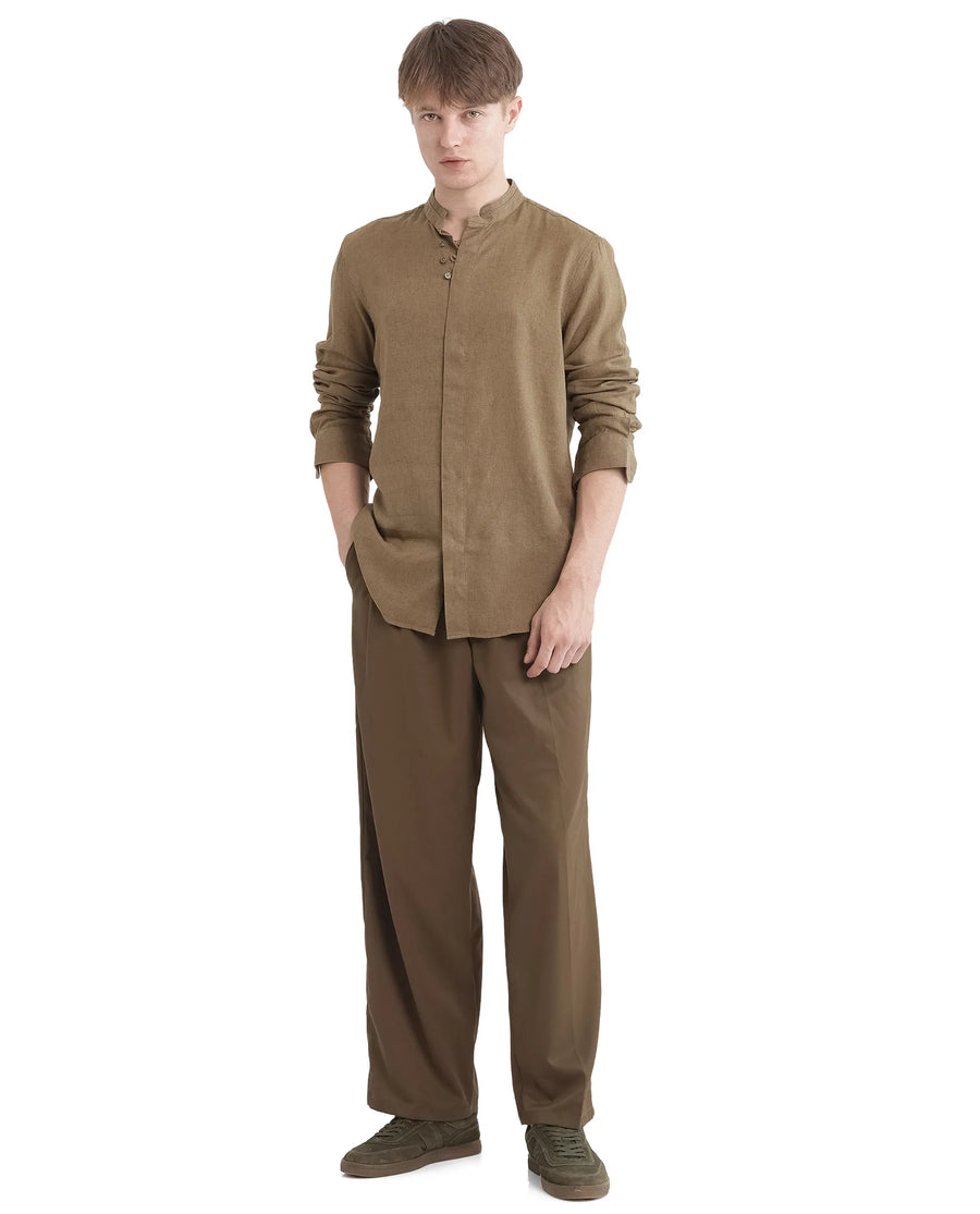 Rare Rabbit Men's Throne Ls-25 Olive Linen Blend Plain Regular Fit Full Sleeve Mandarin Collar Shirt