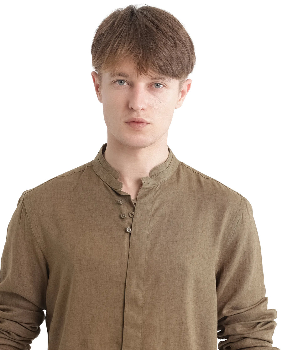 Rare Rabbit Men's Throne Ls-25 Olive Linen Blend Plain Regular Fit Full Sleeve Mandarin Collar Shirt