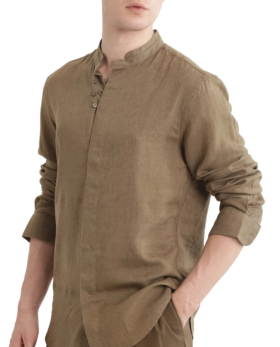Rare Rabbit Men's Throne Ls-25 Olive Linen Blend Plain Regular Fit Full Sleeve Mandarin Collar Shirt