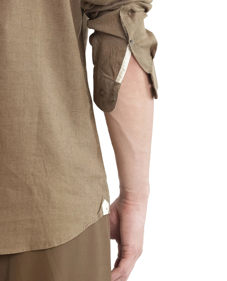 Rare Rabbit Men's Throne Ls-25 Olive Linen Blend Plain Regular Fit Full Sleeve Mandarin Collar Shirt