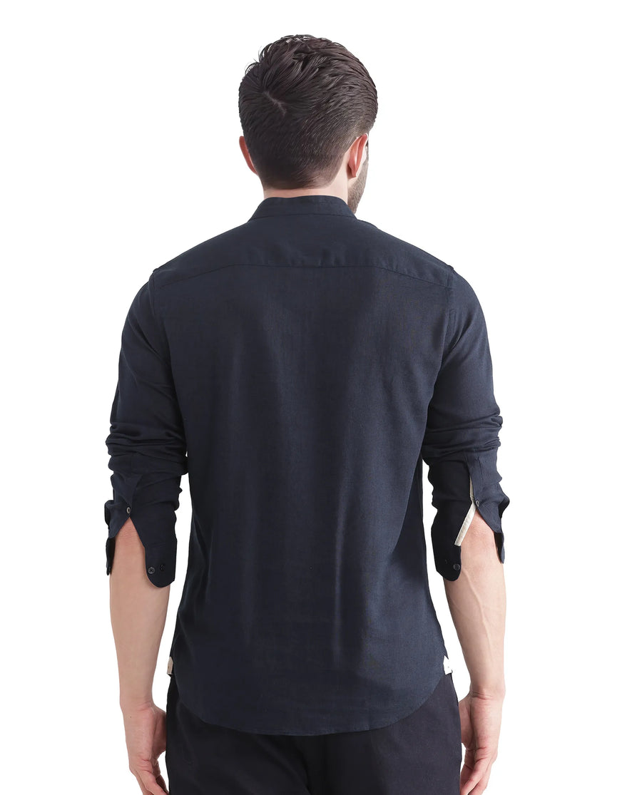 Rare Rabbit Men's Throne Ls-25 Navy Linen Blend Plain Regular Fit Full Sleeve Mandarin Collar Shirt