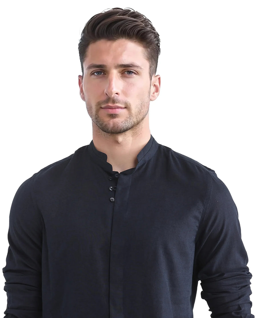 Rare Rabbit Men's Throne Ls-25 Navy Linen Blend Plain Regular Fit Full Sleeve Mandarin Collar Shirt