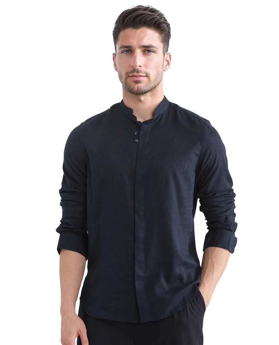 Rare Rabbit Men's Throne Ls-25 Navy Linen Blend Plain Regular Fit Full Sleeve Mandarin Collar Shirt