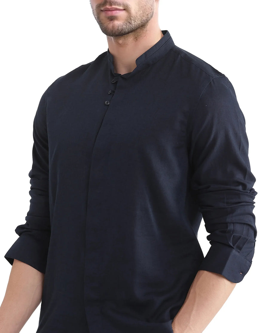 Rare Rabbit Men's Throne Ls-25 Navy Linen Blend Plain Regular Fit Full Sleeve Mandarin Collar Shirt